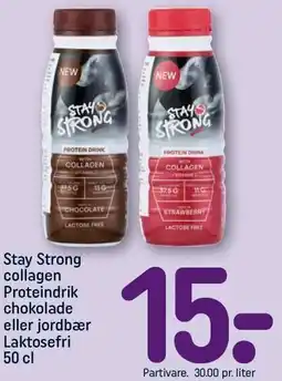 REMA 1000 Stay Strong collagen Proteindrik chokolade eller jordbær Laktosefri 50 cl tilbud