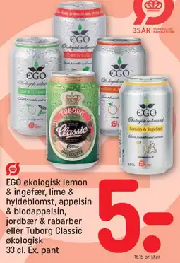REMA 1000 Ego økologisk lemon & ingefær, lime & hyldeblomst, appelsin & blodappelsin, jordbær & rabarber eller tuborg classic økologisk tilbud