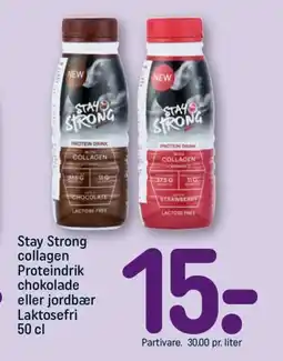 REMA 1000 STAY STRONG Collagen proteindrik chokolade eller jordbær laktosefri tilbud