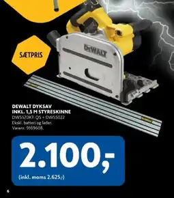 Davidsen DEWALT DYKSAV INKL. 1,5 M STYRESKINNE DWS520KT-QS + DWS5022 Ekskl. batteri og lader. Varenr. 9169608. tilbud