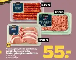 Netto Velsmag krydrede grillfakler, danske koteletter eller hakket grise-/kalvekød 8-12% 420-800 g. tilbud
