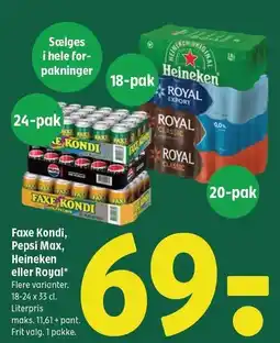 Coop 365 Faxe Kondi, Pepsi Max, Heineken eller Royal tilbud