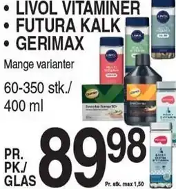 ABC Lavpris LIVOL VITAMINER, FUTURA KALK ELLER GERIMAX tilbud