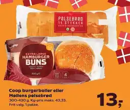 Kvickly Coop burgerboller eller Møllens pølsebrød tilbud