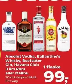 Kvickly Absolut Vodka, Ballantine's Whisky, Beefeater Gin, Havana Club 3 års Rom eller Malibu tilbud