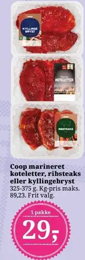 Dagli'Brugsen Coop marineret koteletter, ribsteaks eller kyllingebryst tilbud