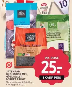 MENY URTEKRAM ØKOLOGISK MEL, MÜSLI ELLER TØRRET FRUGT tilbud