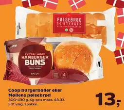 SuperBrugsen Coop burgerboller eller Møllens pølsebrød tilbud