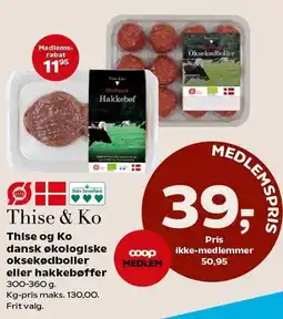 SuperBrugsen Thise og Ko danske økologiske oksekødboller eller hakkebøffer tilbud