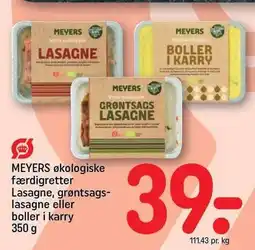 REMA 1000 MEYERS økologiske færdigretter Lasagne, grøntsagslasagne eller boller i karry tilbud