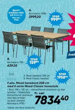 Bilka Mood havebord 208 cm med 6 sorte Mood Classic havestole tilbud