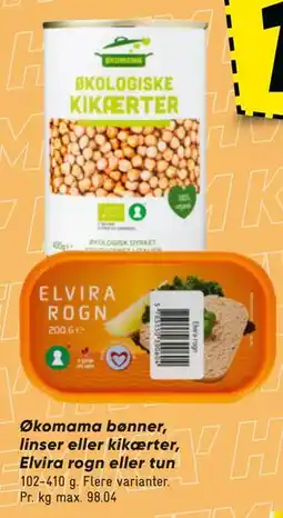 Bilka Økomama bønner, linser eller kikærter, Elvira rogn eller tun tilbud