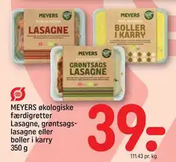 REMA 1000 MEYERS økologiske færdigretter Lasagne, grøntsagslasagne eller boller i karry 350 g tilbud