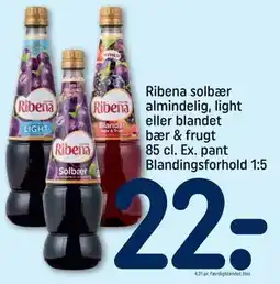 REMA 1000 Ribena solbær almindelig, light eller blandet bær & frugt 85 cl. Ex. pant Blandingsforhold 1:5 tilbud
