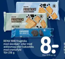 REMA 1000 REMA 1000 frugtkiks med skovbær- eller med æblesmag eller kakaokiks med cremefyld tilbud
