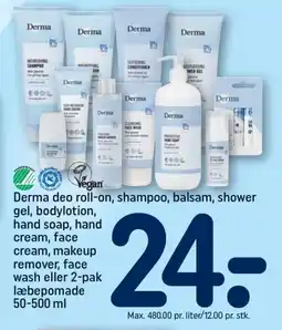 REMA 1000 DERMA deo roll-on, shampoo, balsam, shower gel, bodylotion, hand soap, hand cream tilbud