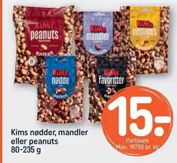 REMA 1000 Kims nødder,mandler eller peanuts 80-235 g tilbud