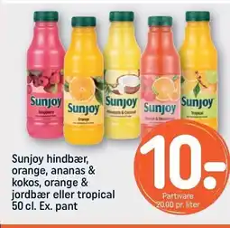 REMA 1000 Sunjoy hindbær. orange ananas & kokos, orange & jordbær eller tropical 50 cl. Ex. pant tilbud