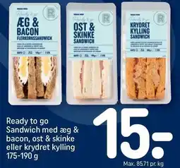 REMA 1000 REMA 1000 Ready to go Sandwich med æg & bacon, ost & skinke eller krydret kylling tilbud
