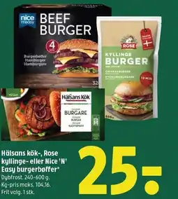 Coop 365 Hälsans kök-, Rose kyllinge- eller Nice 'N' Easy burgerbøffer tilbud