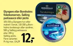 Føtex GLYNGØRE eller bornholms fiskekonserves, salling pastasauce eller pesto tilbud