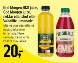 Føtex GOD MORGEN OKO juice, God Morgen juice, nektar eller shot eller Valsolille lemonade tilbud