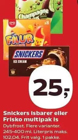 SuperBrugsen Snickers isbarer eller Frisko multipak is tilbud