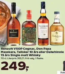 SuperBrugsen Renault VSOP Cognac, Don Papa Masskara, Talisker 10 års eller Daiwhinnie 15 års Single malt Whisky tilbud