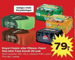 SuperBrugsen Royal Classic eller Pilsner, Pepsi Max eller Faxe Kondi 20-pak tilbud