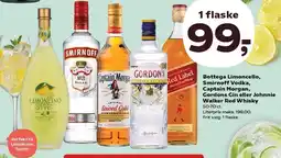 Kvickly Bottega Limoncello, Smirnoff Vodka, Captain Morgan, Gordons Gin eller Johnnie Walker Red Whisky tilbud