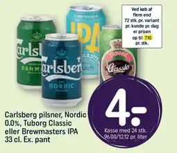 REMA 1000 Carlsberg pilsner, Nordic 0.0%, Tuborg Classic eller Brewmasters IPA tilbud