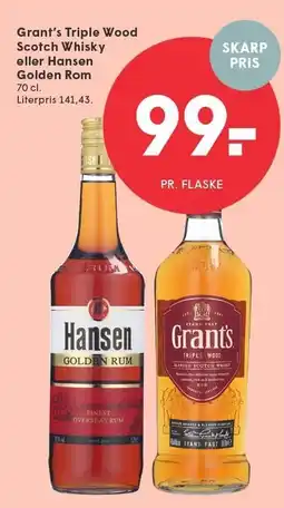 SPAR Grant's Triple Wood Scotch Whisky eller Hansen Golden Rom tilbud