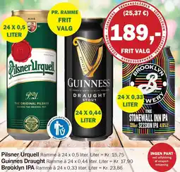 Købmandsgården Pilsner Urquell, Guiness Draught, Brooklyn IPA tilbud