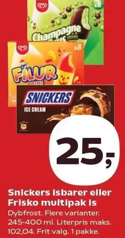 Kvickly Snickers Isbarer eller Frisko multipak is tilbud