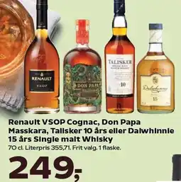 Kvickly Renault VSOP Cognac, Don Papa Masskara, Talisker 10 års eller Dalwhinnie 15 års Single malt Whisky tilbud