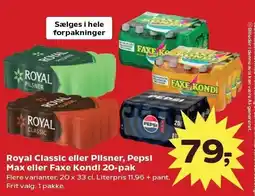 Kvickly Royal Classic eller PIlsner, Pepsi MAx eller Faxe Kondi 20-pak tilbud