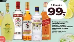 Kvickly Bottega Limoncello, Smirnoff Vodka, Captain Morgan, Gordons Gin eller Johnnie Walker Red Whiskey tilbud