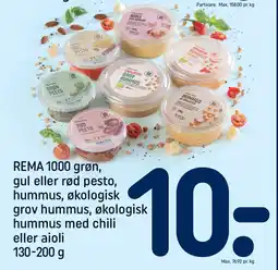 REMA 1000 REMA 1000 grøn, gul eller rød pesto, hummus, økologisk grov hummus, økologisk hummus med chili eller aioli tilbud