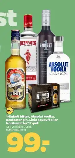Netto 1-Enkelt bitter, Absolut vodka, Beefeater gin, Linie aquavit eller Nordsø bitter 12-pak tilbud