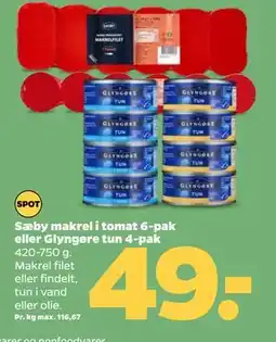 Netto Sæby makrel i tomat 6-pak eller Glyngøre tun 4-pak tilbud