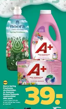 Netto Noora Spring Freshness skyllemiddel, A+ Summer Breeze flydende vaskemiddel eller pods tilbud