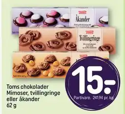 REMA 1000 Toms chokolader Mimoser, tvillingringe eller åkander 62 g tilbud