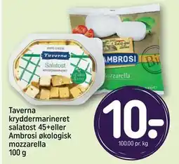 REMA 1000 Taverna kryddermarineret salatost 45+eller Ambrosi økologisk mozzarella 100 g tilbud