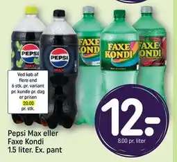 REMA 1000 Pepsi Max eller Faxe Kondi 1.5 liter. Ex. pant tilbud