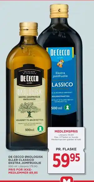 MENY DE CECCO ØKOLOGISK ELLER CLASSICO EKSTRA JOMFRUOLIE tilbud
