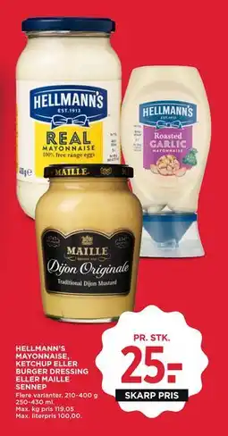MENY HELLMANN’S MAYONNAISE, KETCHUP ELLER BURGER DRESSING ELLER MAILLE SENNEP tilbud