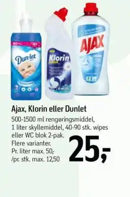 Føtex Ajax, Klorin eller Dunlet 500-1500 ml rengøringsmiddel, 1 liter skyllemiddel, 40-90 stk. wipes eller WC blok 2-pak. tilbud