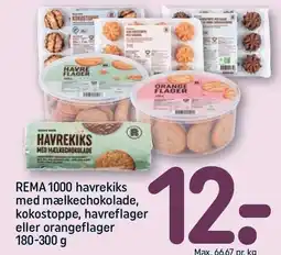 REMA 1000 havrekiks med mælkechokolade, kokostoppe, havreflager eller orangeflager