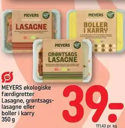 REMA 1000 MEYERS økologiske færdigretter Lasagne, grøntsagslasagne eller boller i karry tilbud