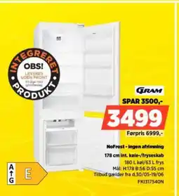Power GRAM NoFrost-ingen afrimning 178 cm int. køle-/fryseskab tilbud